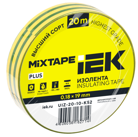 MIXTAPE PLUS Изолента 0,18х19мм желто-зеленая 20м IEK