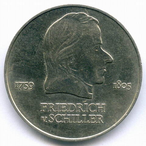 20 марок 1972 (A). Фридрих фон Шиллер. Германия-ГДР. Диаметр 33 мм, медно-никель XF-AU