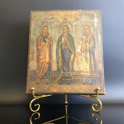 Старинная икона 3 святых - Гурий Самон Авив - покровители домашнго очага - размер 22,5*19 см.