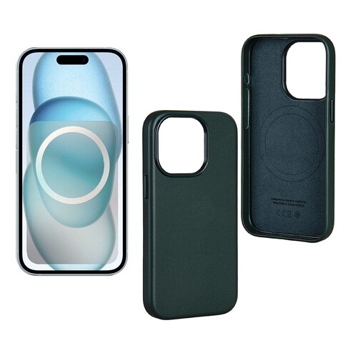 Чехол из натуральной кожи с магнитом (MagSafe) Leather Case Premium для iPhone 15 Pro (Зеленый)
