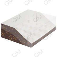 Коробка под капкейки с пластиковой крышкой 310*235*100 мм (12) (коричневая со звёздами), 10шт