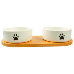 Mr.Kranch миска керамическая белая двойная на бамбуковой подставкMr.Kranch миска на подстае 2х350 мл