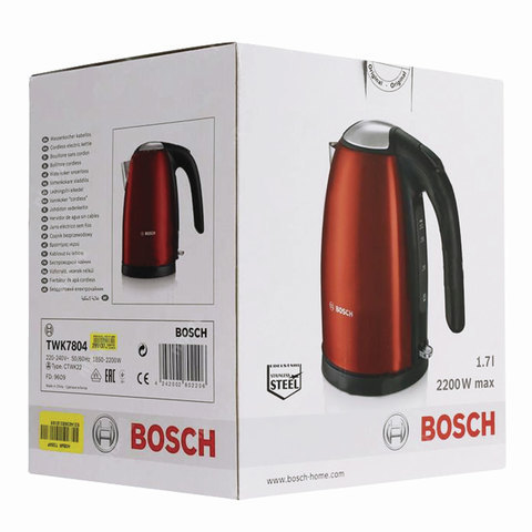 Чайник BOSCH TWK7804, 1,7 л, 2200 Вт, закрытый нагревательный элемент, нержавеющая сталь, красный