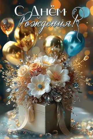 Открытка,  С Днем Рождения! (цветы и шарики), с блестками, 12*18 см, 1 шт.