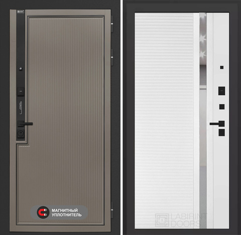 Входная дверь в квартиру Лабиринт Лаб про 1 Велютто кофе с зеркальной тонированной вставкой 31 Белый софт рельеф