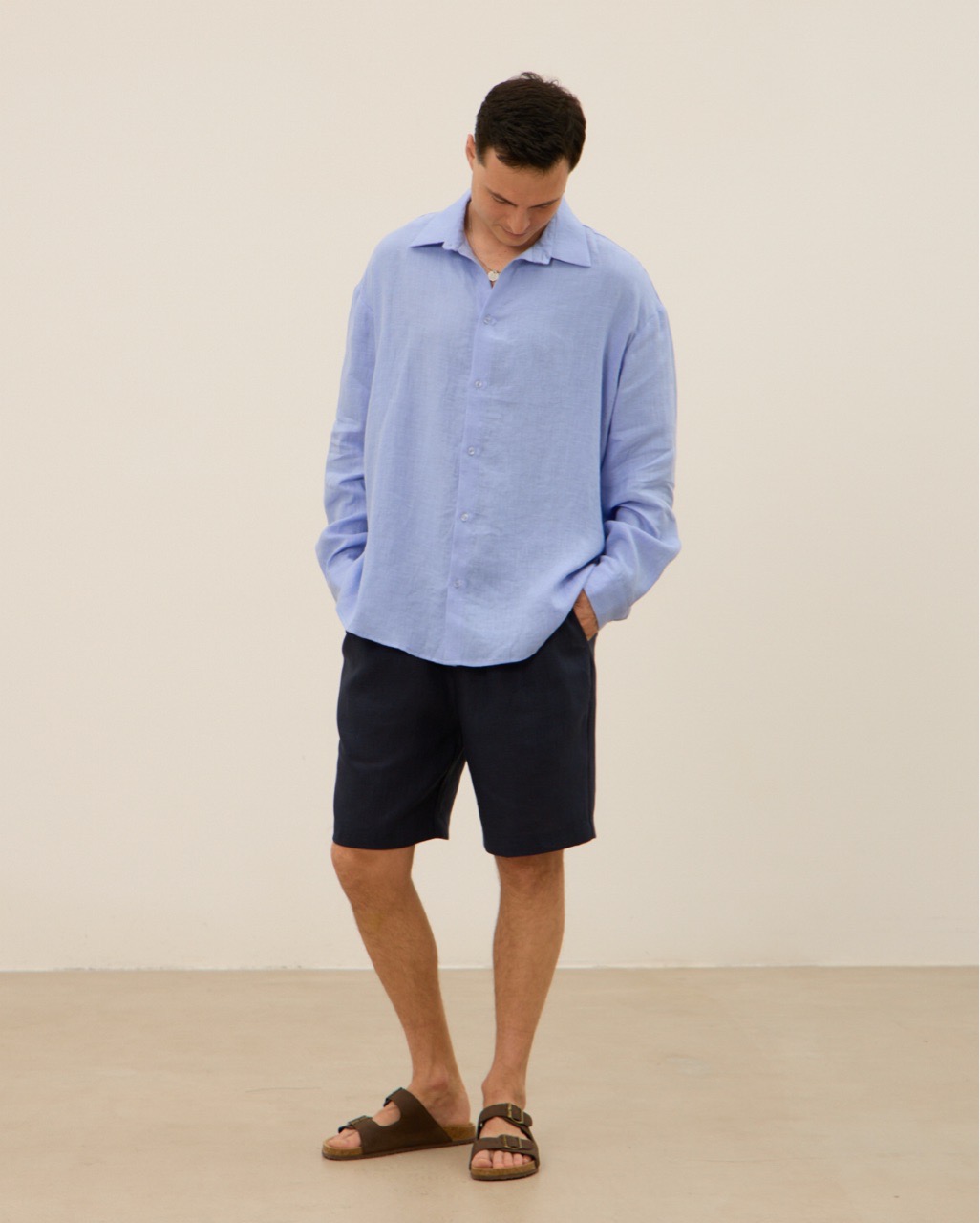 Рубашка мужская, из 100% льна, голубая