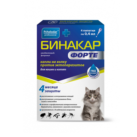 Бинакар Форте для кошек и котят, капли на холку, 4 пипетки по 0,4 мл