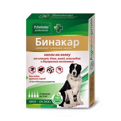 Бинакар капли на холку для собак крупных пород, 4 пипетки по 2 мл