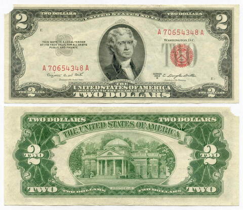 Банкнота США 2 доллара 1953B A 70654348 A. VG
