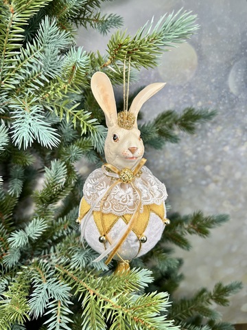 Елочная игрушка Кролик на шаре 11х30см ChristmasDeLuxe с кисточкой белый с золотом
