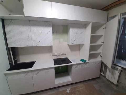 Кухня Оливия 3.0 м белый глянец холодный / мрамор золото