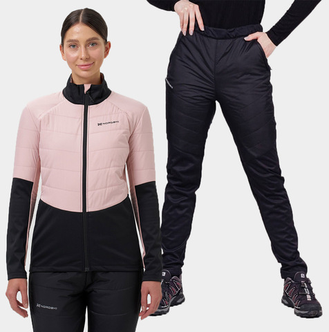 Премиальный костюм для лыж и зимнего бега Nordski Hybrid Pro Warm 2.0 Black/Soft Pink женский
