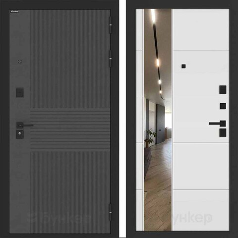 Входная металлическая дверь с зеркалом Бункер HIT B-05/ зеркало узкое ФЛ-649 Белый софт