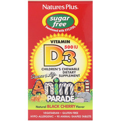 Nature's Plus, Source of Life, Animal Parade, витамин D3, без сахара, с натуральным вкусом черной вишни, 500 МЕ, 90 таблеток в форме животных