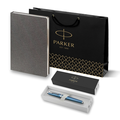 Подарочный набор: Ручка роллер Parker IM Premium T318 Blue Grey CT, цвет чернил черный и  ежедневник серебристого цвета