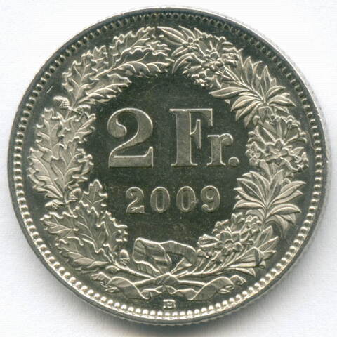 2 франка 2009 год. Швейцария. Медно-никель AUNC