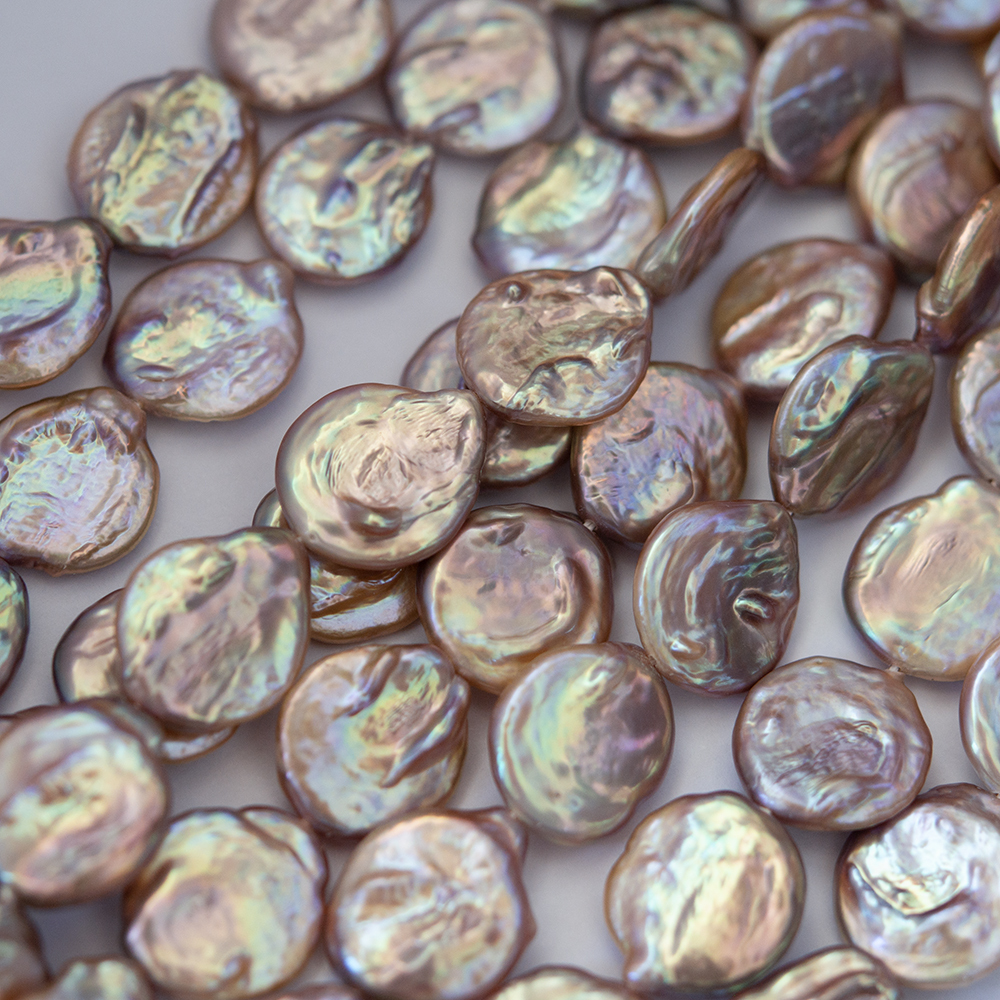 Жемчуг культивированный барочный в форме вытянутой монетки, шоколадно-золотисто-розовый хамелеон, 17-19*15-17мм