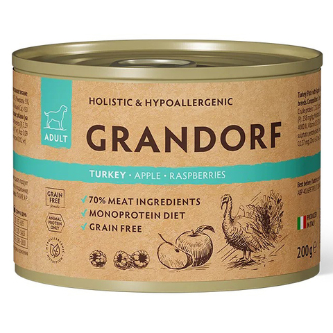 GRANDORF (Turkey Pate + Apple + Raspberries) MONOPROTEIN монопротеиновый влажный корм для собак всех пород (беззерновая формула для особо аллергичных собак), ИНДЕЙКА + ЯБЛОКО + МАЛИНА, 200г х 6 шт