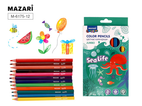 Карандаши 12 цв. (MAZARI) деревянные SEA LIFE, Jumbo, трехгранный корпус, d грифеля = 4 мм, картонная упаковка с европодвесом M-6175 -12