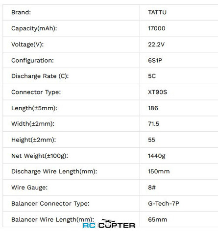 АКБ Gens Ace Tattu 17000mAh 22.2V 5C 6S1P Lipo, Semi-solid, NMC, G-Tech, XT90S-F