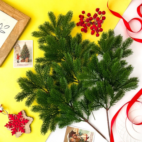 Еловая ветка искусственная, реалистичная, цвет зеленый хвойный, 37-39 лапок, декор зимний, рождественский, ветка 41 см, набор 3 ветки.