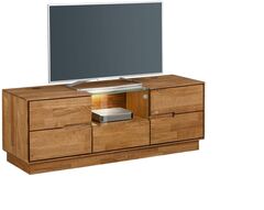 Тумба под телевизор Паво из дуба с подсветкой, 140х42х50, 1 дверь со стеклом, 4 ящика, цвет натуральный