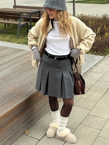 Шерстяная юбка в складку серый