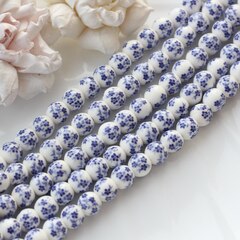 Бусина Шарик, керамика, белая с синей росписью, 10 мм, 1 шт, МК011