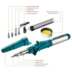 KRAFTOOL SolderGas, 120 K, 30 - 120 Вт, 1300°С, горелка, фен, пьезоподжиг, набор 10 в 1, газовый паяльник (55503-H10)