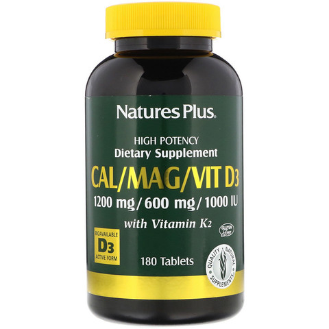 Nature's Plus, Кальций, магний и витамин D3, с витамином K2, 180 таблеток