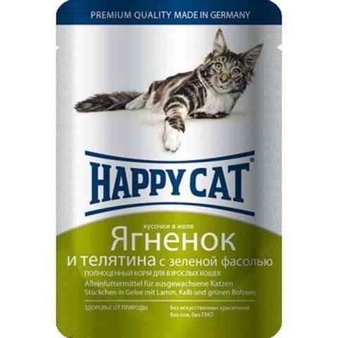 Happy Cat пауч для кошек (ягненок, телятина, зеленая фасоль) 100г