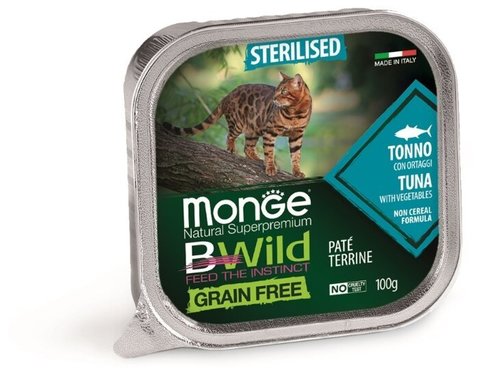 Monge Cat BWild GRAIN FREE беззерновые консервы из тунца с овощами для стерилизованных кошек 100г