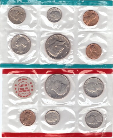 Годовой набор монет США 1971 год (5 монет + жетон - D; 5 монет - P, 1 цент - S) в родном конверте. Медно-никель, медь