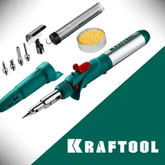 KRAFTOOL SolderGas, 120 K, 30 - 120 Вт, 1300°С, горелка, фен, пьезоподжиг, набор 10 в 1, газовый паяльник (55503-H10)