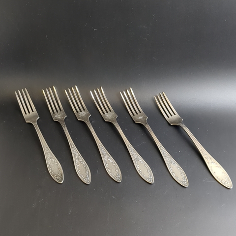 Набор 6 столовых вилок "Пламя", мНЦ (медь-никель-цинк), Кольчугинский завод цветных металлов, СССР, 1970-1990 гг.