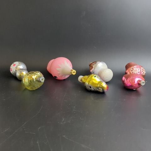 Ёлочные игрушки набор из 7 разных чипполино, морской конёк, гриб, филин и др, стекло, роспись, узоры, подвесные, винтаж СССР 1960-1990 гг