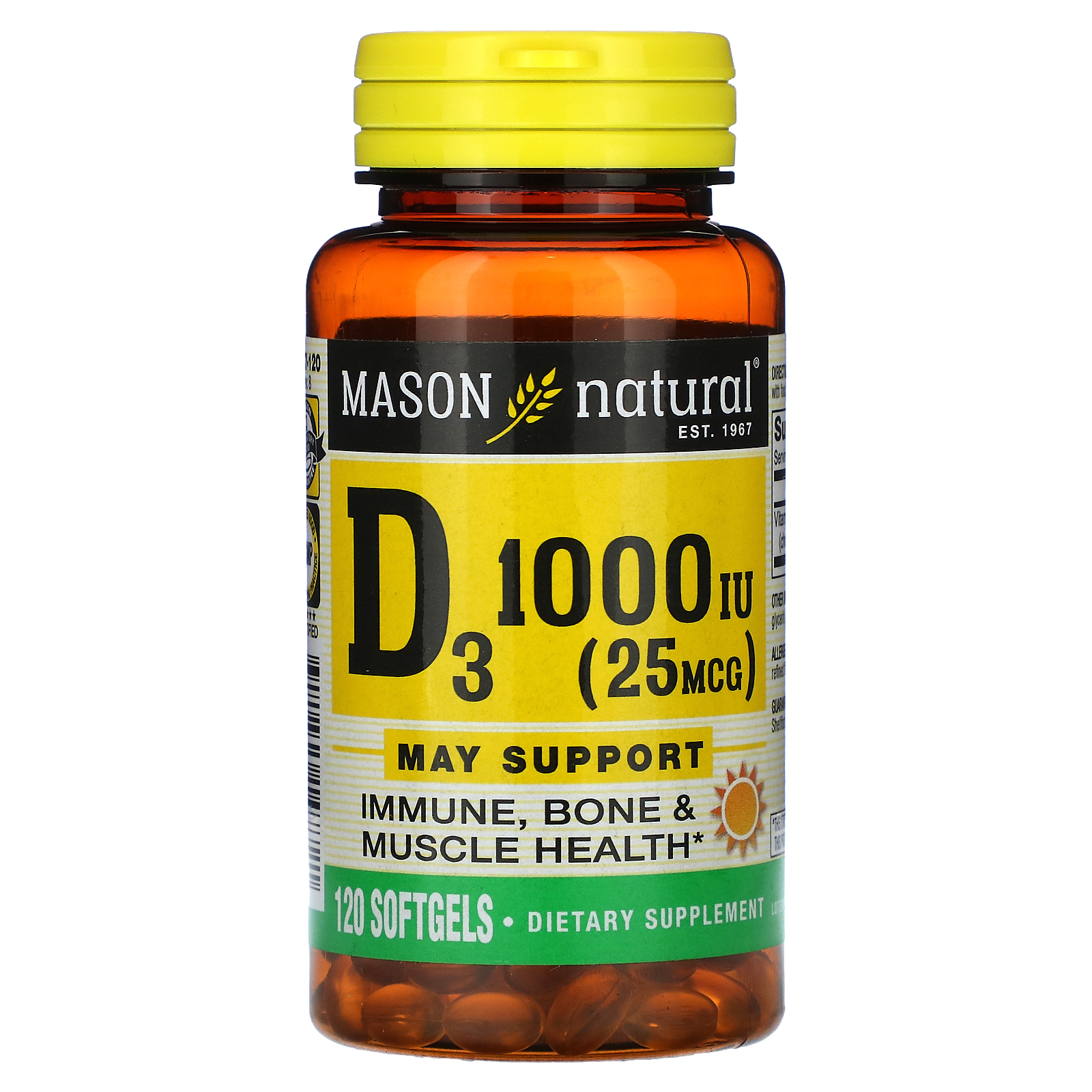 Mason Natural, витамин D3, 25 мкг (1000 МЕ), 120 капсул MAV-14772 ...
