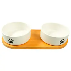 Mr.Kranch миска керамическая белая двойная на бамбуковой подставкMr.Kranch миска на подстае 2х350 мл