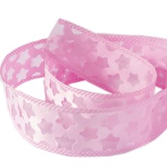 
          Декоративная лента капроновая двухслойная для рукоделия, упаковки и флористики, 4 см, намотка 25 ярдов, розовая, дизайн звездочки