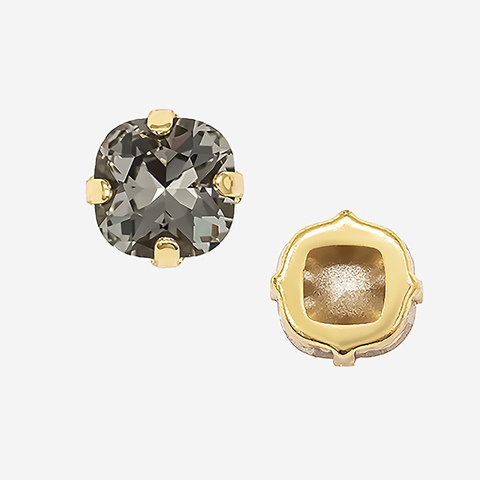 Кристалл Кушон (Сushion) в цапах, оттенок "Черный Бриллиант"/"Black Diamond", 9,2мм, позолота