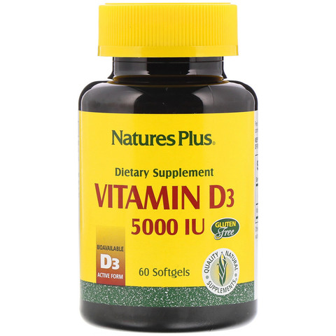 Nature's Plus, Витамин D3, 5000 МЕ, 60 мягких желатиновых капсул