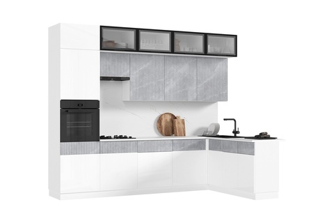 Кухня угловая Оливия 3.0 х 1.8 м белый глянец холодный / мрамор глянец / белый