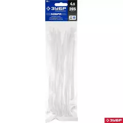 ЗУБР КОБРА, 4.6 x 205 мм, нейлон РА66, 25 шт, белые, кабельные стяжки с плоским замком, Профессионал (30930-46-205)