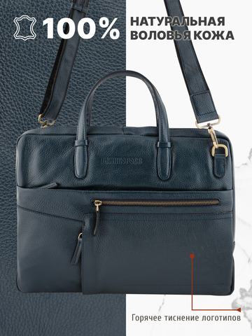Кожаный портфель универсальный, компактный синего цвета