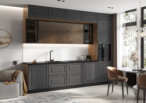 Кухня Престиж 3,0м (490) Компоновка №2 (Графит софт NEW/Прайм орех, Дуб Крафт (Кастилло темный))