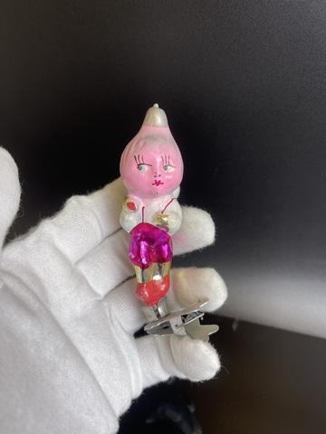 Ёлочная игрушка на прищепке Чипполино с рюкзачком, винтажная стеклянная игрушка на ёлку, скол под прищепкой, СССР 1950-1980 гг