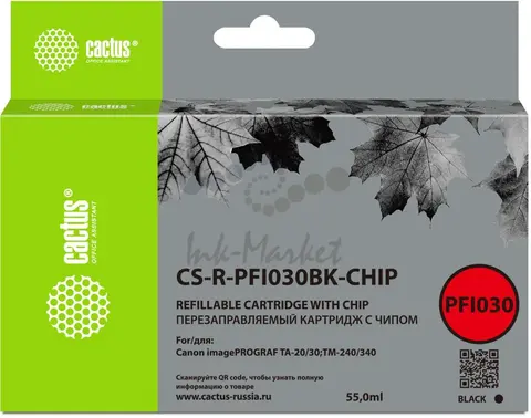 Картридж перезаправляемый струйный Cactus CS-R-PFI030BK-CHIP черный (55мл) для Canon imagePROGRAF TA-20/30/TM-240/340