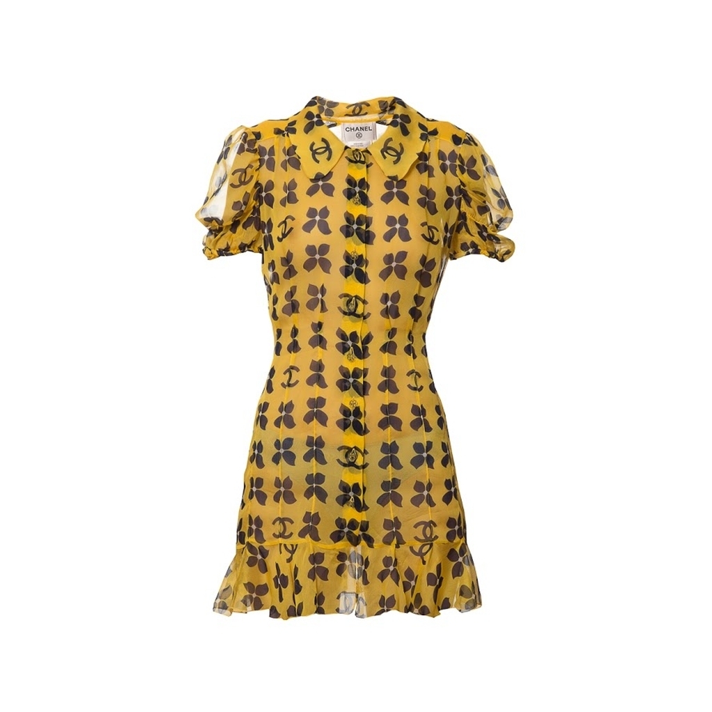 Стильное мини-платье из легкого шелка желтого цвета от Chanel, 34 размер