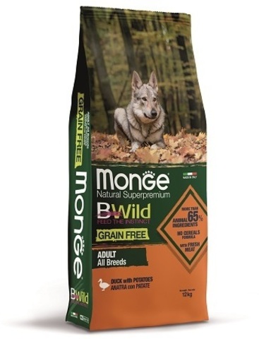 Monge Dog BWild GRAIN FREE беззерновой корм из утки с картофелем для взрослых собак всех пород 12 кг