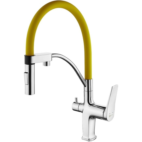 Lemark LM3074C-Yellow Смеситель для кухни с гибким изливом, с подключением к фильтру питьевой воды, 2 режима, высота излива 21 см, длина 23 см, латунь/хром/жёлтый